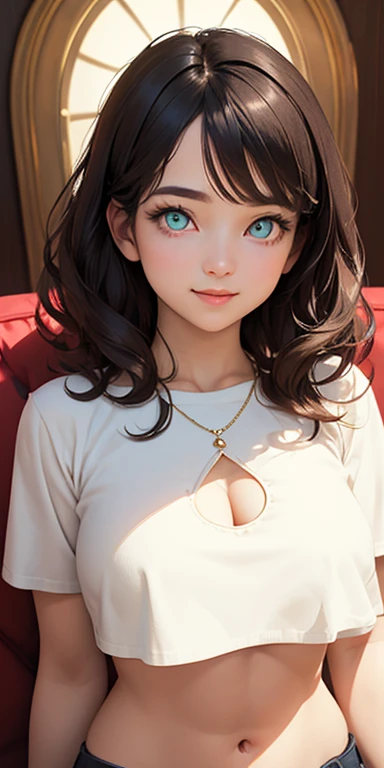 , short black hair,messy hair,wavy hair, (photorealistic:1.4), (masterpiece, sidelights, exquisite beautiful eyes: 1.5), masterpieceportrait, realistic, 3D face,kawaii face,front view: 1.5、 (glowing yellow eyes:1.2),plump face:1.5,(tareme:1.5)、light smile,Rosy Mouth,Slim Body,abs, shiny hair, shiny skin: 1.5、large breasts:1.3,solo,(sit)、(cutout between underboob and crop top)、(charactor focus:1.5、portrait)、upper body,