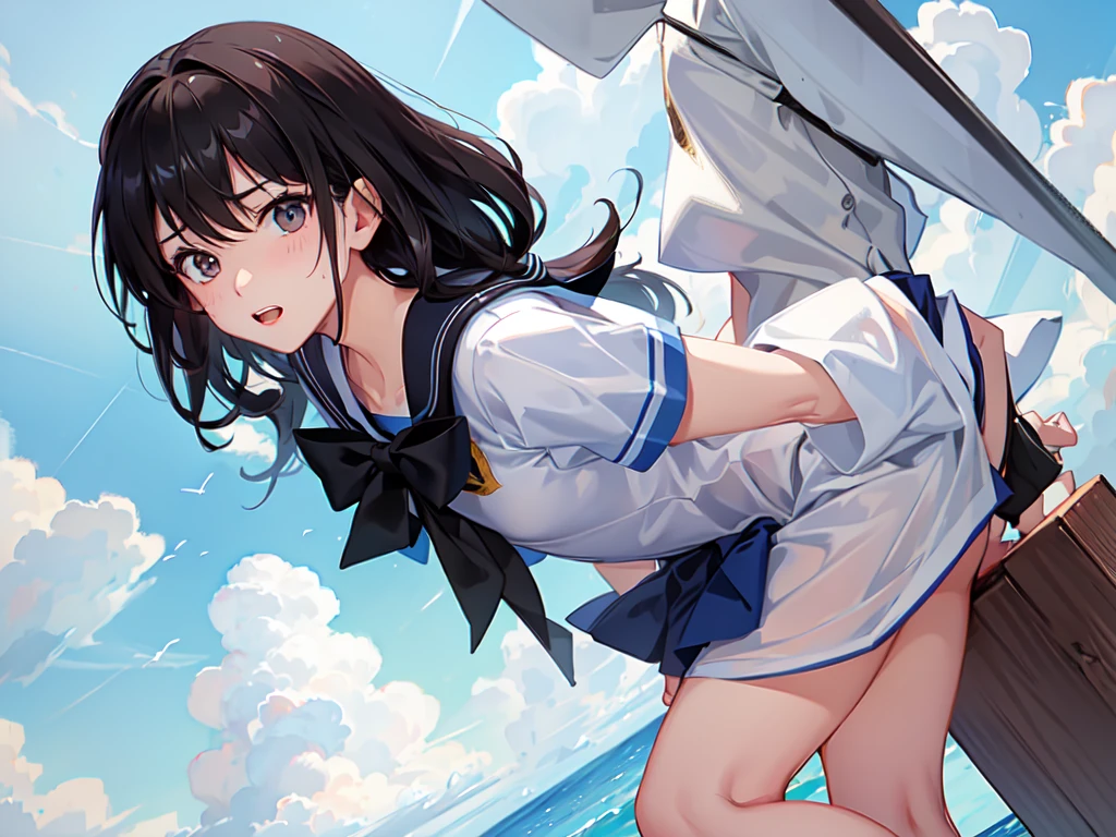 (highest quality:1.4)、High resolution、detailed background)、anatomically correct、attractive thighs、A low-angle close-up highlighting the crotch of her panties、Super close-up shot from directly below、beautiful teenage girl、Super detailed panty stitching、Detailed crotch depiction、White sheer sleeveless sailor dress、cold eyes、Looking at me with a troubled expression、blushing、camel toe