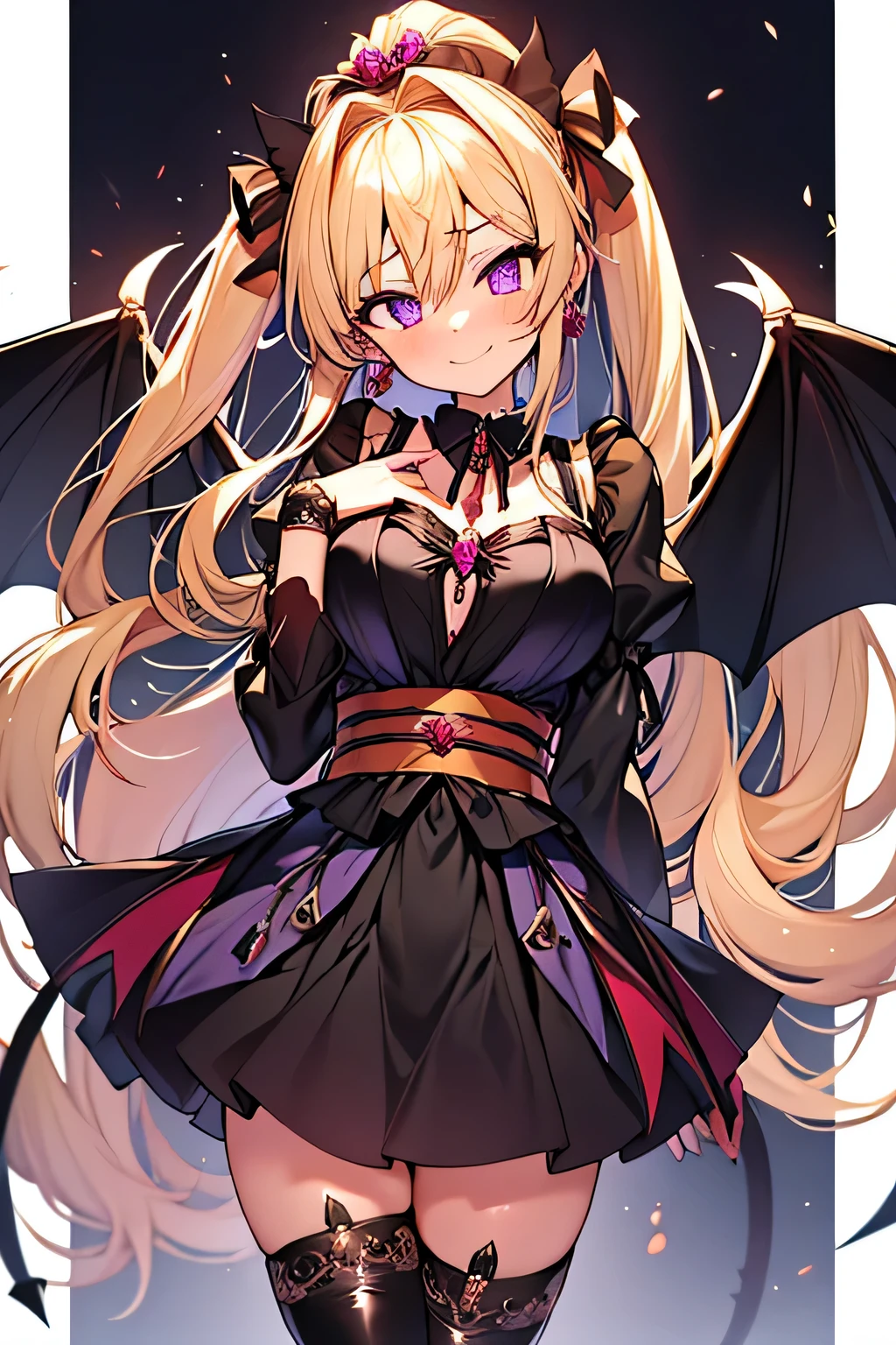 Best Quality, kaitou jeanne, 1girl in, Blonde hair, Large breasts, Long hair, (Pony tail), Black skirt with ruffles, tiarra, Black/purple gothic dress, Purple eyes, blank eye, (Glossy fabric:1.3), (Black Enamel Boots), Evil smile, (Glossy fabric:1.5), Low batwing, blush, (long devil tail:1.3), sash, (Beautiful detailed eyes:1.6), extra detailed face, Perfect Lighting, extremely details CG, (Perfect hands, Perfect Anatomy), devil tail, shiny material, Smirk, a Black ribbon, (Black Satin/Enamel gloves), bat wing decoration, Black frills, Jewelry, Latex Shine, Black cloak, Velvet curtains, Looking at Viewer, Detached collar, (Demon Wings:1.3), Black dress, juliet sleeves, Standing, Cross, Cross-laced dress, Skirt lift, Curtsey, earrings, Hair Ribbon, Cross, komono, Black skirt, purple trim, Gold ornaments, Red Rose