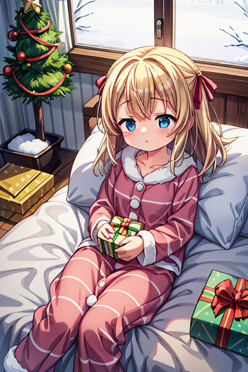 (Christmas gift box):1.5,A girl is alone in a bed with a、Closing your eyes、Eyes closed、、A scene in which a girl wearing warm pajamas is sleeping。the room is quiet、I can see the snow falling quietly from the window.。in the corner of the bed、There is a gift box decorated with ribbons.、Makes you feel the warm Christmas atmosphere。The girl was sleeping with a peaceful expression on her face.、A warm and safe space spreads around her.。This image is、Capturing scenes of winter festivities and home warmth。