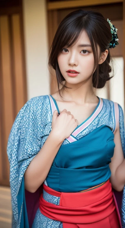 A woman with the same face as last time,4K、1Man Woman、Slender Abs、coming to jinja、furisode、kimono,wear kimono、wearing Japanese kimono、wearing braless、Open the chest、captivating and enticing、full body Esbian.Attractive position、 Including face and skin texture.,Detailed eyes、Seducting look