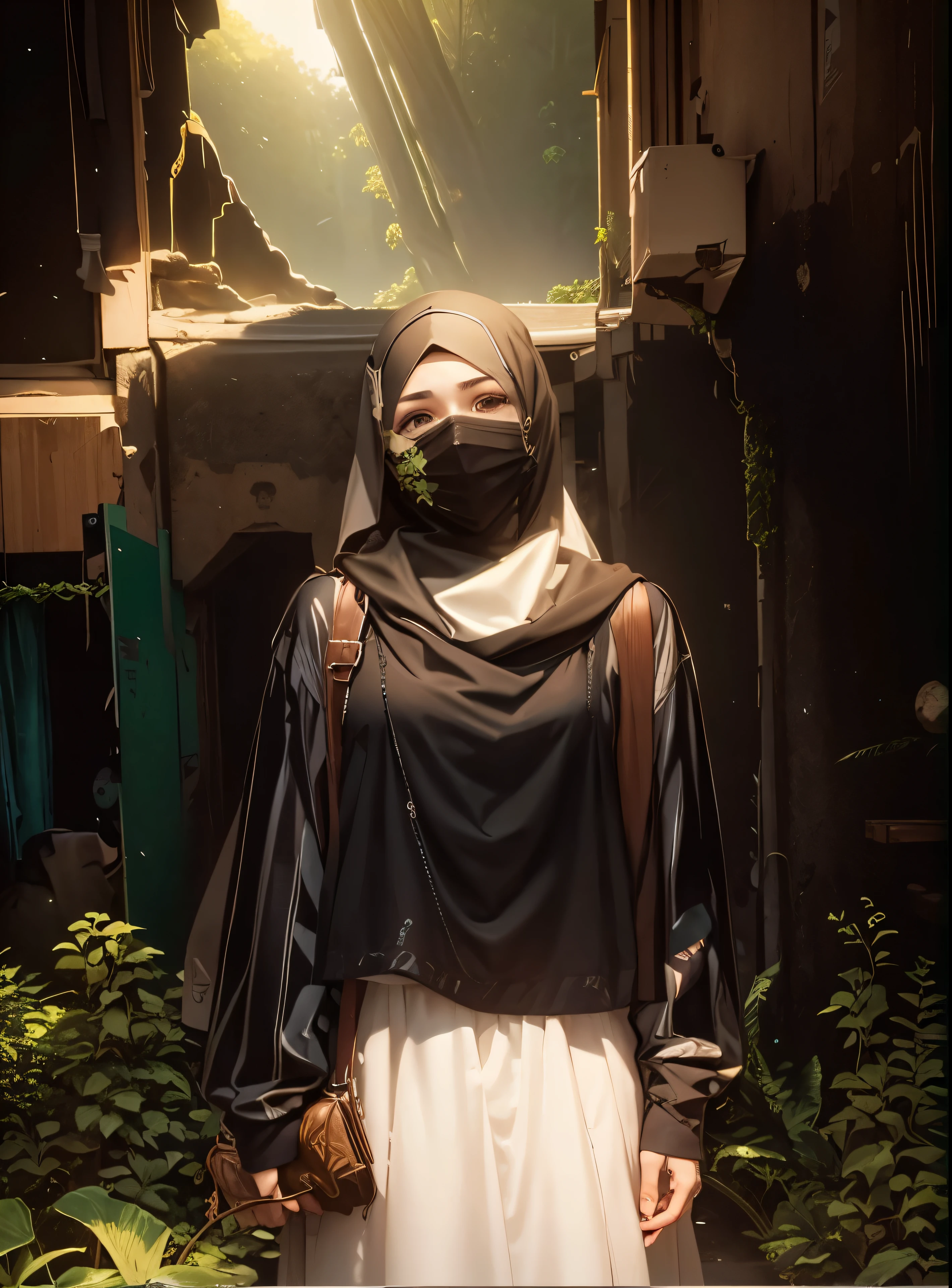 Beautiful islamic girls, mordan borka and hijab mask , beautiful jungle and fall background