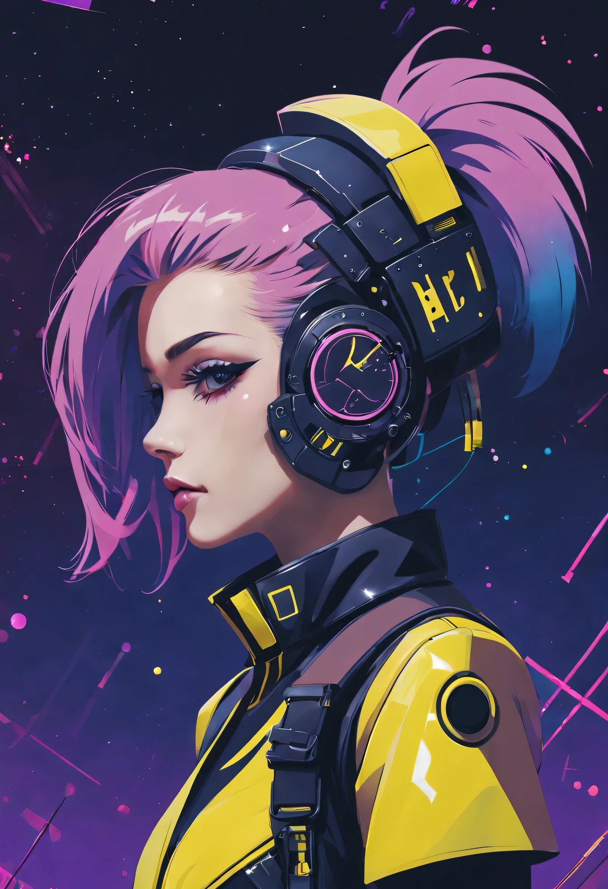 Starry sky and zodiac signs, Purple hues like nebulae, Vast space, cyber punk personage底部的城市,  illuminations, (1 Lady:1), ( Background with:black and yellow Background with1.4), (RHAD:1.2), (artistic décor:1.4), (Retro-Future:1.4), (maximalist:1.4), (Clean:1.4), (Flat_colours:1.4), (cyber punk personage,Android:1.4), CCDDA art style