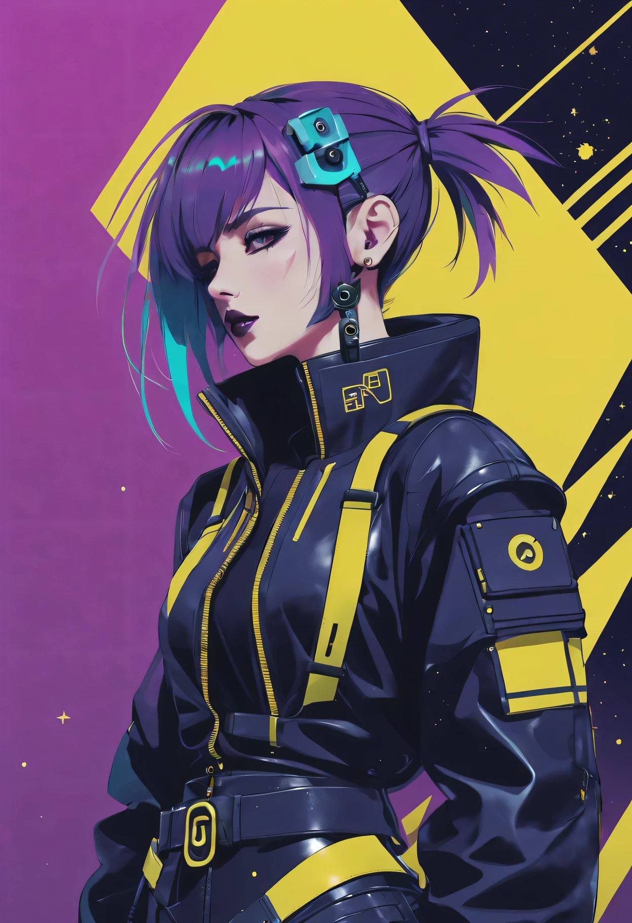 Starry sky and zodiac signs, Purple hues like nebulae, Vast space, cyber punk personage底部的城市, illuminations, (1 Lady:1), ( Background with:black and yellow Background with1.4), (RHAD:1.2), (artistic décor:1.4), (Retro-Future:1.4), (maximalist:1.4), (Clean:1.4), (Flat_colours:1.4), (cyber punk personage,Android:1.4), CCDDA art style