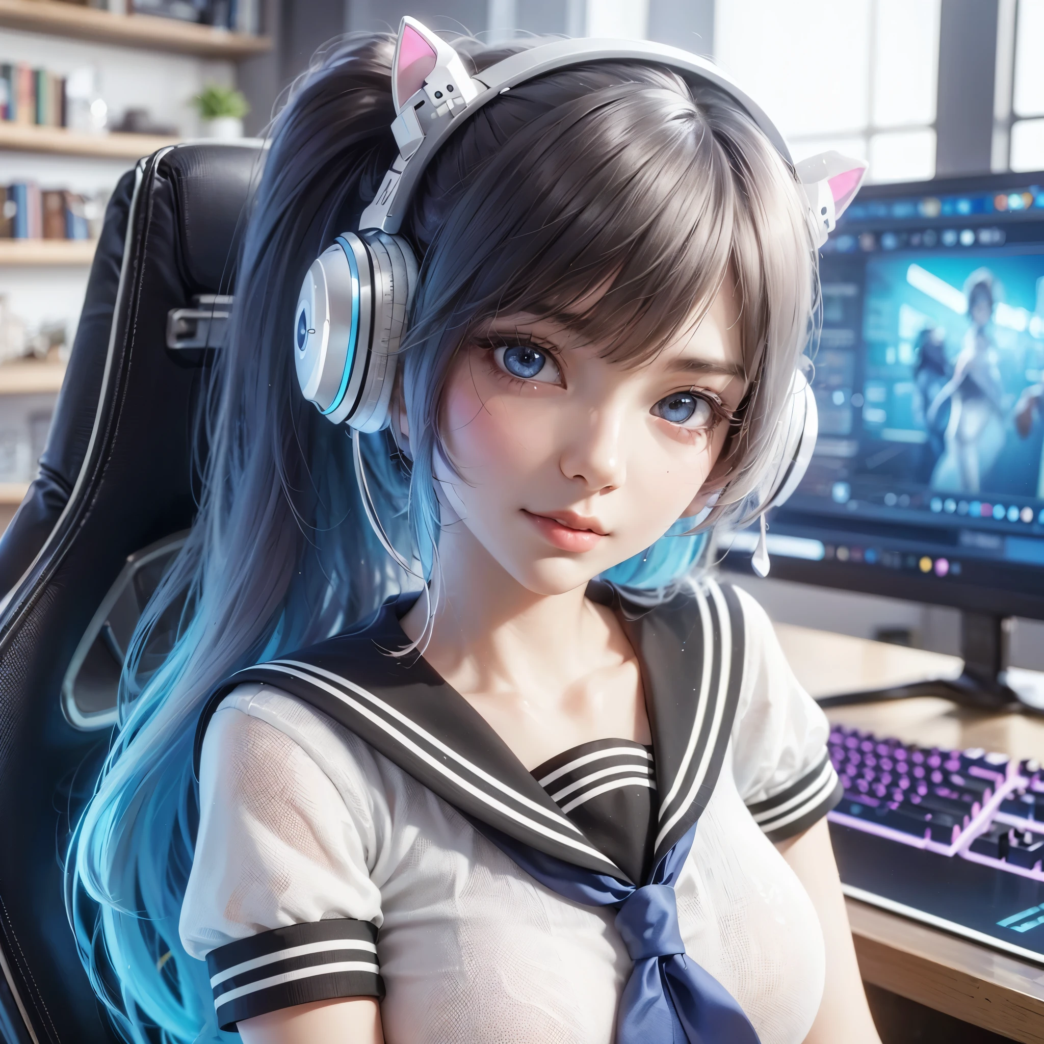 anime girl sitting in front of a computer with headphones on, 3d anime girl, realistic anime 3 d style, cyber school girl, 3 d anime realistic, smooth anime cg art, photorealistic anime girl render, anime styled 3d, trending on cgstation, anime style 4 k, digital anime art, render of a cute 3d anime girl, masterpiece, best quality:1.2),,(8k,highres,RAW photo,realistic,photo-realistic:1.3),(detailed skin texture,detailed cloth texture,beautiful detailed face:1.25),professional lighting,photon mapping,beautiful soft light,radiosity,physically-based rendering,raytracing, model shoot style, model shoot style, (extremely detailed CG unity 8k wallpaper), full shot body photo of the most beautiful artwork in the world