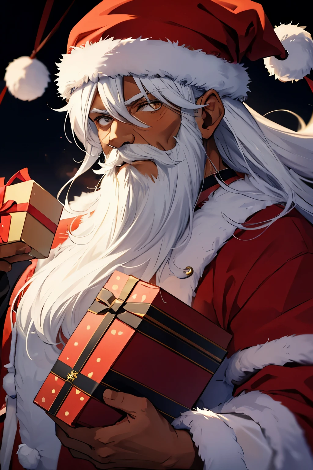 1boy, anime style,santa claus, santa hat, old man, hair between eyes, very long hair, dark-skinned male, strong, male focus, holding gifts, beard, dark skin