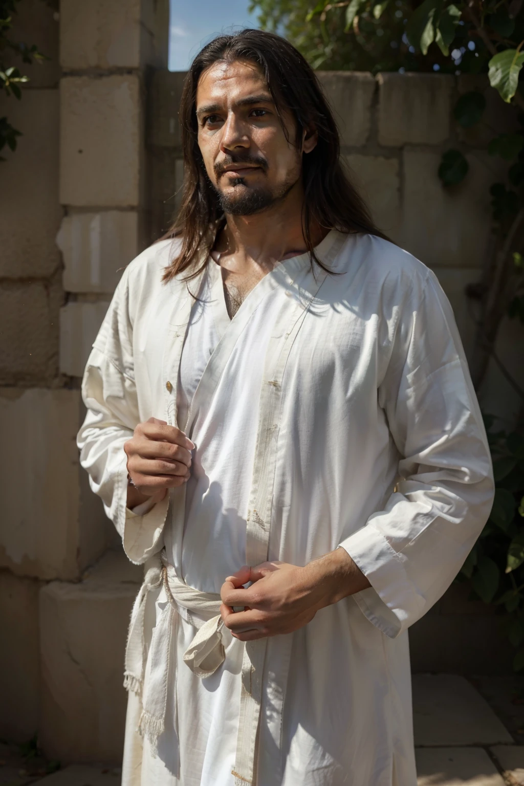 "Imagine uma imagem de Pedro, the Apostle of Christ, in high resolution. He is dressed in  clothes, like a long robe and a tunic, typical of the time. His face is wrinkled, showing wisdom and experience. Ele tem cabelos e barba castanhos, levemente grisalhos. Her eyes are deep and expressive, conveying a mixture of determination and compassion. Peter is standing, com uma postura ereta, Transmitting strength and confidence. He holds a key in one hand, simbolizando seu papel como "The Key to the Kingdom of Heaven". Ao fundo, there is a serene landscape, with blue sky and some white clouds. A luz do sol ilumina suavemente Pedro, destacando sua figura. The image conveys a sense of serenity and spirituality, capturing the importance and significance of Peter as one of the chief disciples of Jesus Christ."