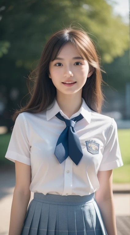 (Cowboy Shot), (masutepiece), (Best Quality:1.0), (超A high resolution:1.0), (Detailed face, Detailed skin, Ray tracing, Subsurface scattering:1.1), Smile,
(1girl in, 24 years old:1.2), ACJC, Uniform tie, Short sleeve white shirt, Blue pleated skirt,
School crest on uniform shirt,
(school ground:1.1), 8K,8K UHD,Digital SLR,Nikon Z9, Soft lighting,High quality,Film grain,((Cinematic Look)),Soothing tones,Insane details,Intricate details,hyperdetails, epic Realistic, real picture, Intricate details, Ultra-detailed, 超A high resolution, Depth Field, photoRealistic,Realistic:1.2),Best Quality, Realistic, photoRealistic, (Intricate details:1.2), (delicate detailed), (Cinematic Light), Clear Line, Sharp Focus, Realistic face, Detailed face, Unity 8k壁纸, 超A high resolution, (photoRealistic:1.4)
