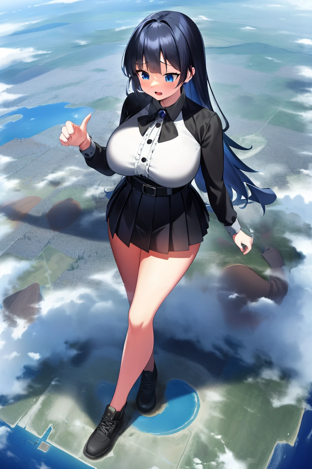 an anime female character standing on a mountain top next to a city, 1girl, solo, skirt, blue eyes, long hair, black hair, giantess, black skirt, open mouth, sky, giant, cloud, long sleeves, day, pleated skirt, full body, blue sky, city, breasts