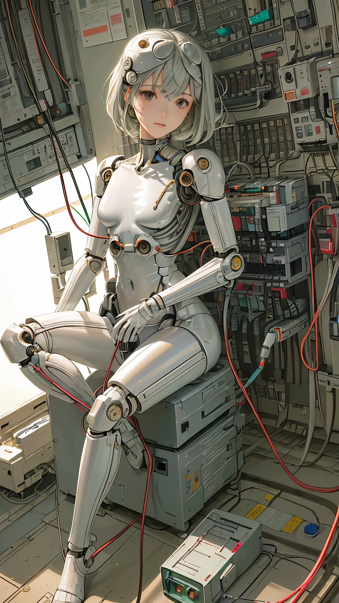 (((masutepiece))), (((Best Quality))), ((Ultra-detailed)), (High Definition CG Illustration), ((extremely delicate and beautiful)),(Cute delicate face),Cinematic Light,((1mechanical girl)),Solo,Full body,(Machine-made joints:1.4),((Mechanically dismembered muscle vessels connected to tubes),(a brain in container:1.3),((mechanical vertebra attaching to the back)),((mechanical cervial attaching to neck)),((Sitting)),deadpan,(wires and cables attaching to head and body:1.5),Small breasts,Short hair,(Character Focus),Science fiction