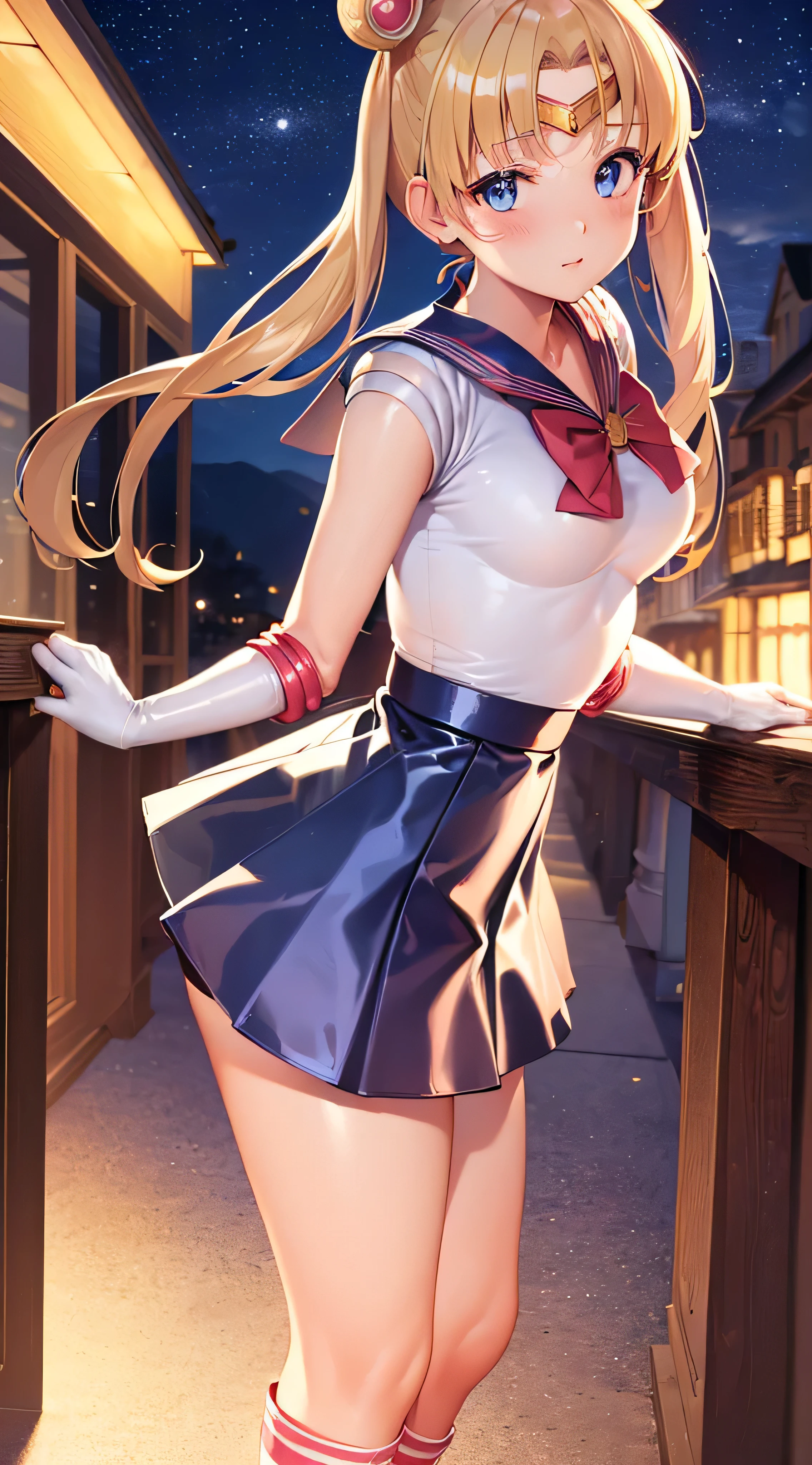 (best quality:1.4), highres, masterpiece, 4k, ultra detailed, intricate detail, tsukino usagi, blonde hair, blue eyes, very cute, happy, blush, (latex sailor uniform:1.4), (latex skirt:1.4), (latex socks:1.4), (small breasts:1.4), standing, full body, looking at viewer, upskirt, out doors, night, starry sky,