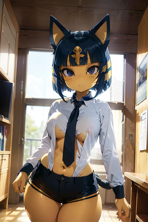 ankha, anime style, catgirl, cat ears, yellow fur, blue hair, blue cat tail, yellow stripes tail, shorts hair, wide hips, thick thighs, huge round ass, medium breast, business suit, formal suit, white shirt, long sleeve black formal suit, black necktie, black strict trouser, secretary pose, office, absurdres, high res, ultrasharp, 8K, masterpiece, looking at viewer