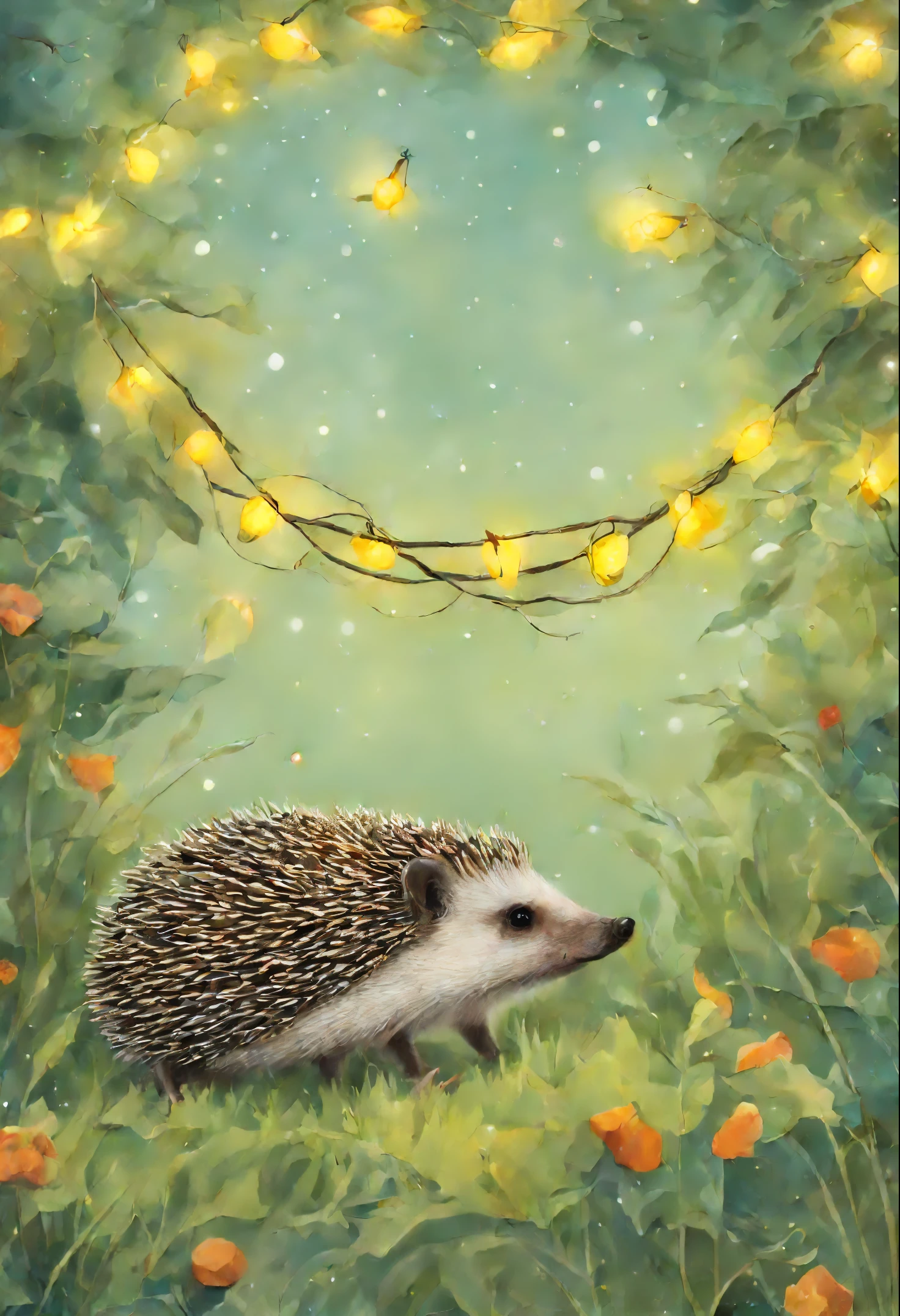 Hedgehog, garland, Fireflies,