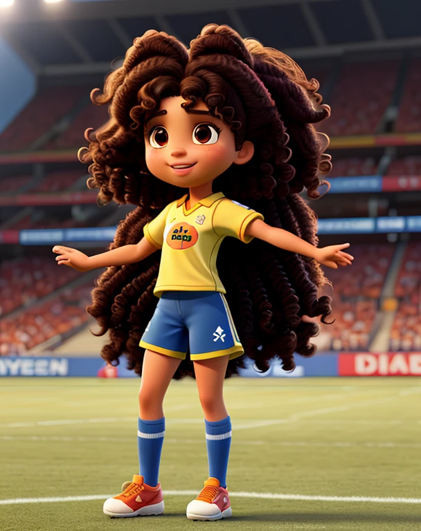 South American brunette girl with big curly hair in football outfit with open arms in high quality Disney Pixar style