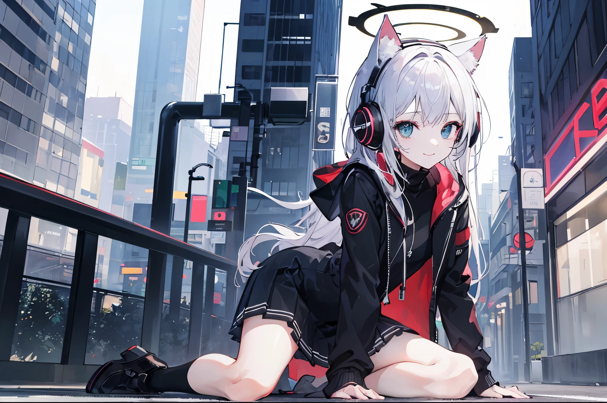 ((Best quality at best)), ((tmasterpiece)), (Detailed pubic hair), s the perfect face, solo person, girls, Trendy style, Futuristic halo on head, (sat on the ground), Face the lens, (opening leglue and black dress code:1.2), jaket, JK skirt, With cat ear headphones on the head, ssmile, The background is the city street