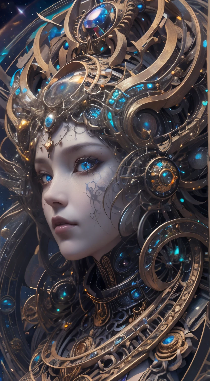 （beste-Qualit，Ultra Detailed，The best illustration，better shadow，tmasterpiece，hight resolution，ProfessionalArtwork，famous artwork），Detail Eyes, pretty eyes，Splitting close-up，science-fiction，colored sclera，Robot eye markings，Tattooed with，（fractalized，Fractal eyes），Bigeyes，wide eyes，（eyes focus），Sface Focus，Cosmic eyes，Cosmic eyes，Close-up of a metal sculpture of a woman with the universe in her hair，damn high detail，3 d goddess portrait，Extremely detailed footage of the goddess，a stunning portrait of a goddess，Side image of the goddess，portrait of a beautiful body goddess close up portrait of a goddess，hecate goddess，Portrait of the Norse goddess of the universe，goddess of space and time