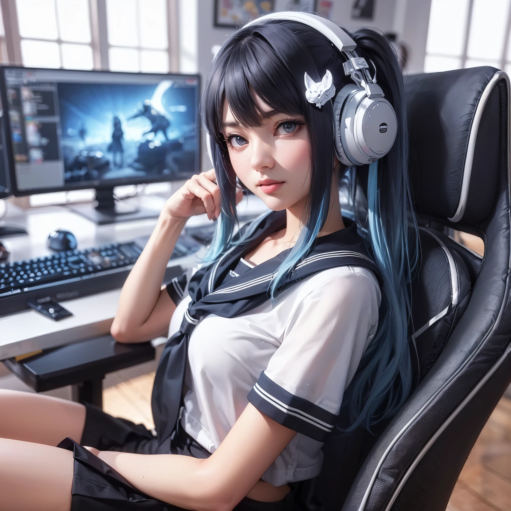 anime girl sitting in front of a computer with headphones on, 3d anime girl, realistic anime 3 d style, cyber school girl, 3 d anime realistic, smooth anime cg art, photorealistic anime girl render, anime styled 3d, trending on cgstation, anime style 4 k, digital anime art, render of a cute 3d anime girl, masterpiece, best quality:1.2),,(8k,highres,RAW photo,realistic,photo-realistic:1.3),(detailed skin texture,detailed cloth texture,beautiful detailed face:1.25),professional lighting,photon mapping,beautiful soft light,radiosity,physically-based rendering,raytracing, model shoot style, model shoot style, (extremely detailed CG unity 8k wallpaper), full shot body photo of the most beautiful artwork in the world