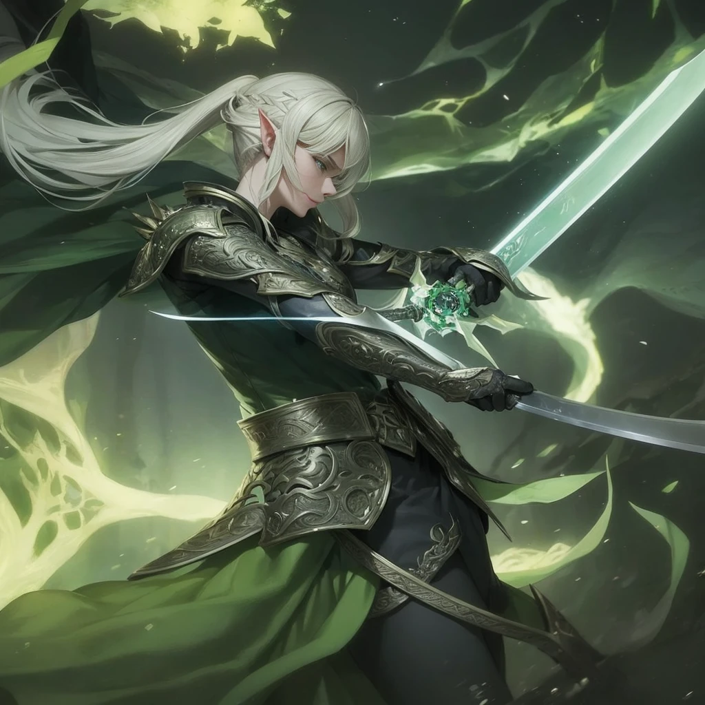 a close up of a person holding a sword in a field, a blonde emerald warrior, epic exquisite character art, high quality fantasy art, Stunning character art, 最高のElven Warrior, 壮大なElven Warrior, epic fantasy character art, Elven Warrior, epic fantasy art style hd, 2. 5 d cgi anime fantasy artwork, ross tran and wlop