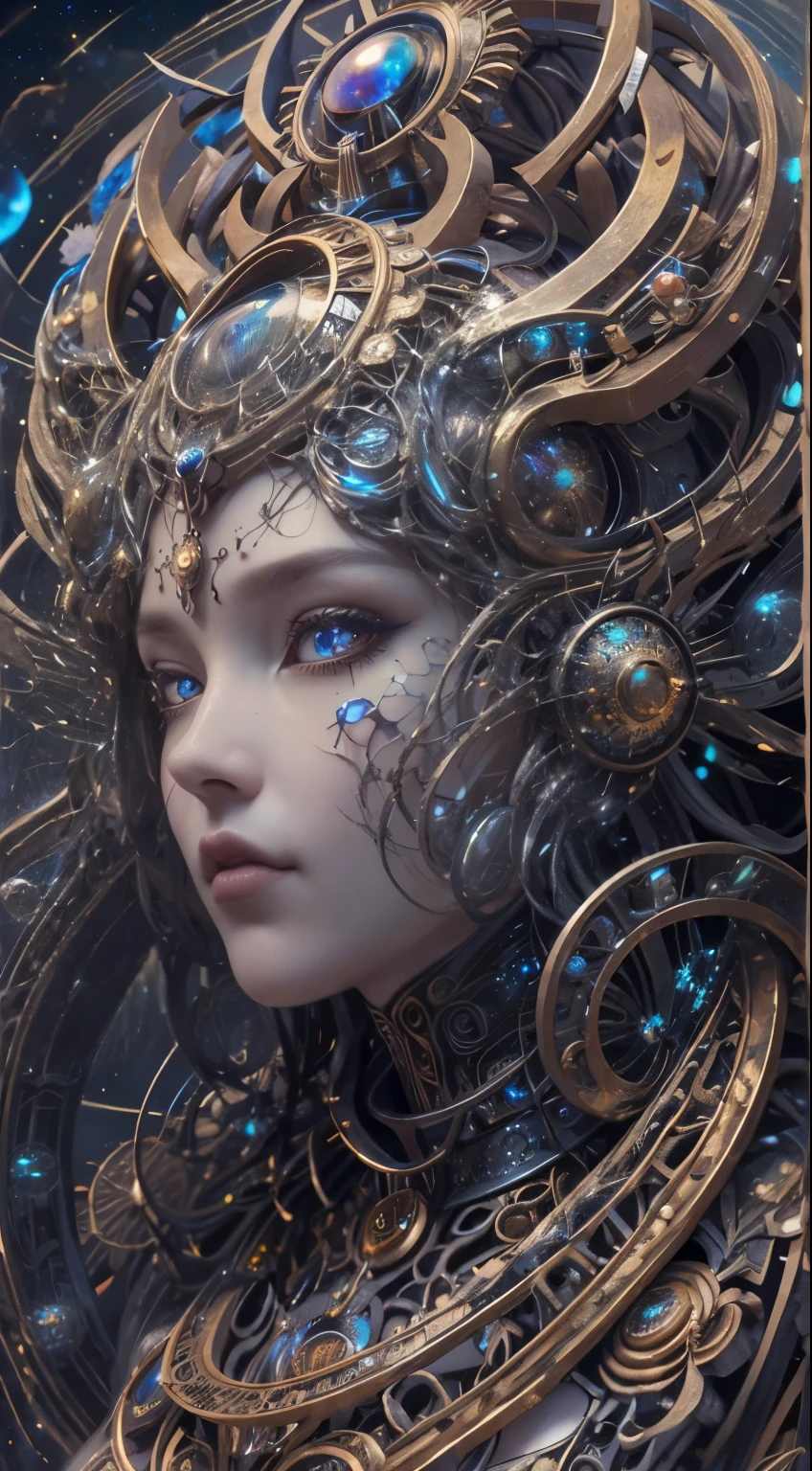 （beste-Qualit，Ultra Detailed，The best illustration，better shadow，tmasterpiece，hight resolution，ProfessionalArtwork，famous artwork），Detail Eyes, pretty eyes，Splitting close-up，science-fiction，colored sclera，Robot eye markings，Tattooed with，（fractalized，Fractal eyes），Bigeyes，wide eyes，（eyes focus），Sface Focus，Cosmic eyes，Cosmic eyes，Close-up of a metal sculpture of a woman with the universe in her hair，damn high detail，3 d goddess portrait，Extremely detailed footage of the goddess，a stunning portrait of a goddess，Side image of the goddess，portrait of a beautiful body goddess close up portrait of a goddess，hecate goddess，Portrait of the Norse goddess of the universe，goddess of space and time