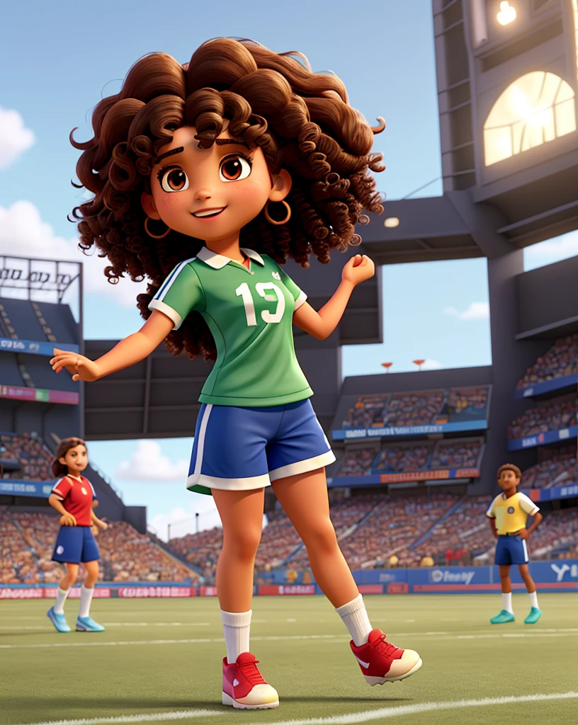 South American brunette girl with big curly hair in football outfit with open arms in high quality Disney Pixar style