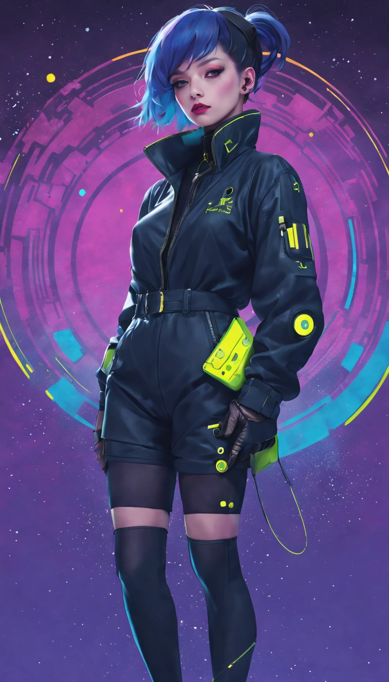 Movie poster style：Starry sky and zodiac constellations, The purple hue is like a nebula, Vast space, cyber punk perssonage底部的城市, illustratio, (1 lady:1), ( Background with:black and yellow Background with1.4), (对称:1.2), (artistic décor:1.4), (Retro-Future:1.4), (Minimalist:1.4), (Clean:1.4), (Flat_colours:1.4), (cyber punk perssonage,Android:1.4), CCDDA art style