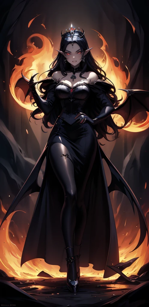 absurdres, ((stunning female Vampire))), goth Renaissance, (long black hair:1.erfect and detailed angular sharp oval shaped face, ((redeyes)), jewelry, red and black tetradic colors, full lips, gothic castle background, (solo), perfect anatomy, approaching perfection, ethereal, intricate details, ultra-high definition, 12k resolution, goth aesthetic, smooth, sharp focus, dreamy, glowing, backlit, glamour, glimmer, fantastical, shadows, smooth, Gothic crown, walking through flames of fire, (whole body) full body , gothic illustration