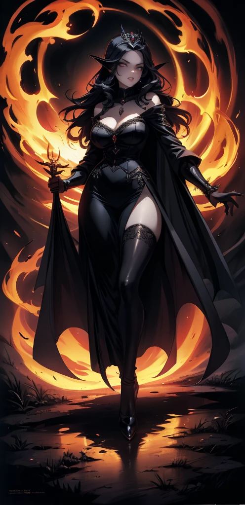 absurdres, ((stunning female Vampire))), goth Renaissance, (long black hair:1.erfect and detailed angular sharp oval shaped face, ((redeyes)), jewelry, red and black tetradic colors, full lips, gothic castle background, (solo), perfect anatomy, approaching perfection, ethereal, intricate details, ultra-high definition, 12k resolution, goth aesthetic, smooth, sharp focus, dreamy, glowing, backlit, glamour, glimmer, fantastical, shadows, smooth, Gothic crown, walking through flames of fire, (whole body) full body , gothic illustration