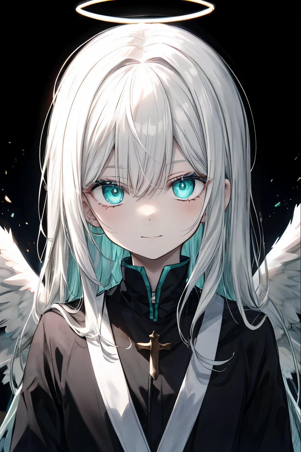 Best Quality、masutepiece、Ultra-detailed、face perfect、Extremely detailed、Extremely delicate、1 boy, (Scary), Angel, Gorgeolanche's Halo), Dark, Glowing eyes, Light green eyes, Angel wings, holy, , blancheのチュニック, two ふしだらなblanche angel wings, which are full of confidence, Smile, Keep your mouth shut、Expressive eyes, collofull eyes, Contrasty, shadowy, masutepiece, Digital Art, Glowing eyes, Intimidating, corrupted, Demonic, Abstract background, blanche, black and aqua colors、両手にblancheく輝く星を浮かばせる、fear
