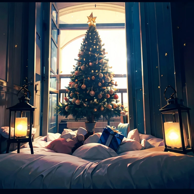 high qulity,Christmas tree,Decorated with gifts and lanterns,The top of the tree is decorated with stars,There is a big sign under the tree