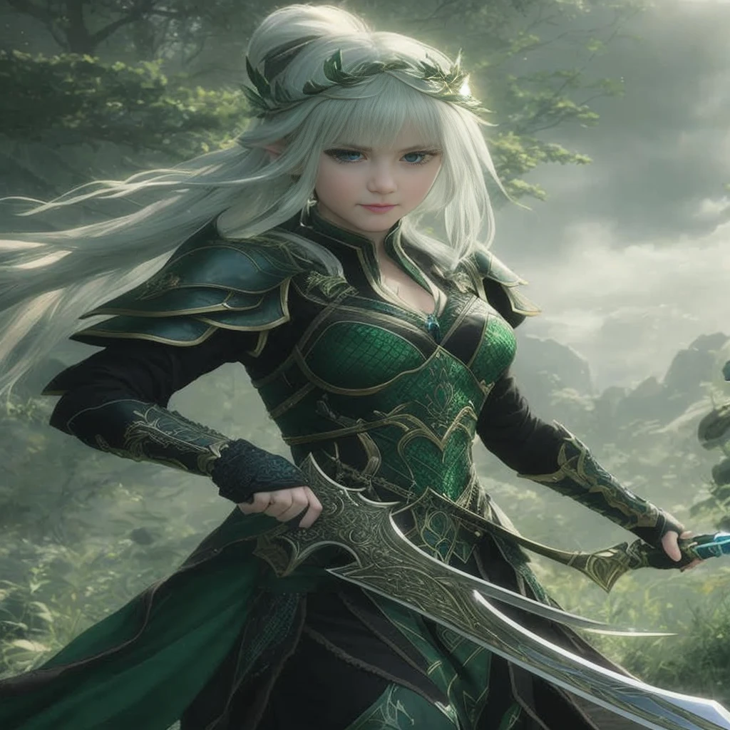 Close-up of a person holding a sword in the forest, alluring elf princess knight, Elven Warriorの王女, a blonde emerald warrior, 壮大なElven Warrior, Elven Warrior, 最高のElven Warrior, epic exquisite character art, Female Elf, elf princess knight, Stunning character art, of an elden ring elf, elven character with smirk