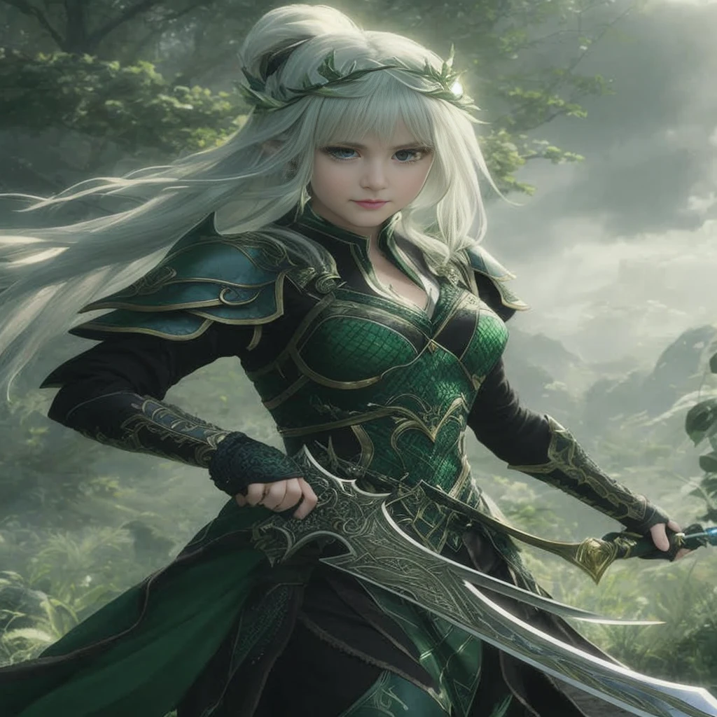 Close-up of a person holding a sword in the forest, alluring elf princess knight, Elven Warriorの王女, a blonde emerald warrior, 壮大なElven Warrior, Elven Warrior, 最高のElven Warrior, epic exquisite character art, Female Elf, elf princess knight, Stunning character art, of an elden ring elf, elven character with smirk