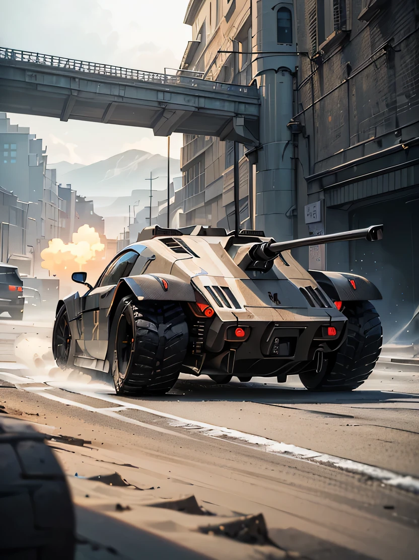 ((masterpiece、top-quality、realisitic、ultra-detailliert、hight resolution、Photorealsitic、foco nítido、photographrealistic、lighting like a movie))、 ((Armored vehicles、Combat vehicles))、vehicle focus、(((No humans)))、Car、wheels、White smoke、stir the sand