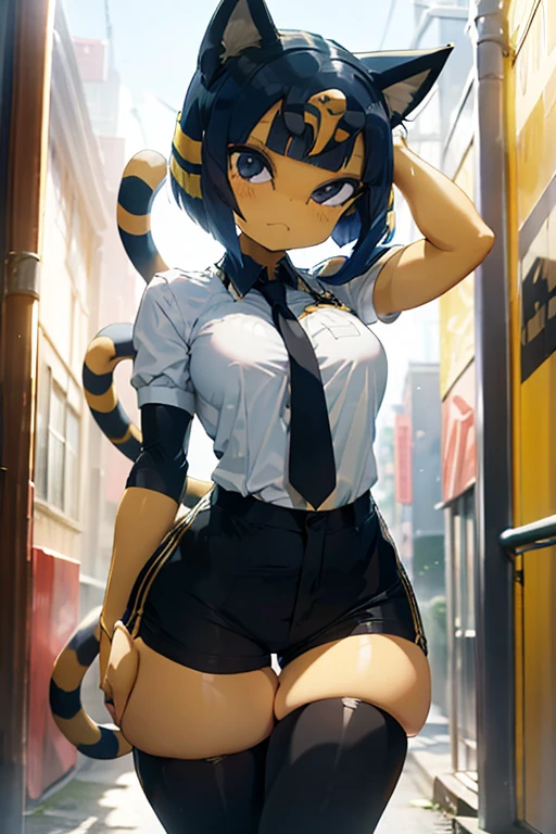 ankha, anime style, catgirl, cat ears, yellow fur, blue hair, blue cat tail, yellow stripes tail, shorts hair, wide hips, thick thighs, huge round ass, medium breast, business suit, formal suit, white shirt, long sleeve black formal suit, black necktie, black strict trouser, secretary pose, office, absurdres, high res, ultrasharp, 8K, masterpiece, looking at viewer