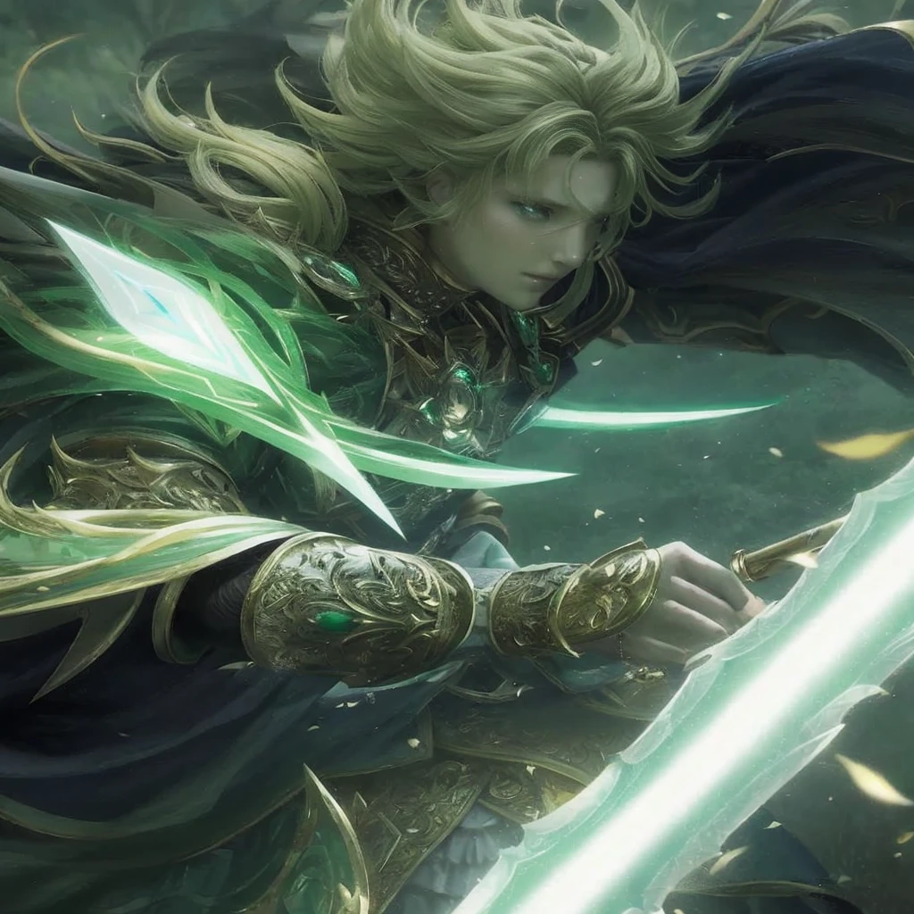 a close up of a person holding a sword in a field, a blonde emerald warrior, 2. 5 d cgi anime fantasy artwork, epic exquisite character art, epic fantasy art style hd, Detailed Digital Anime Art, shadowverse style, high quality fantasy art, detailed digital 2d fantasy art, casimir art, highly detailed fantasy art, epic fantasy digital art style