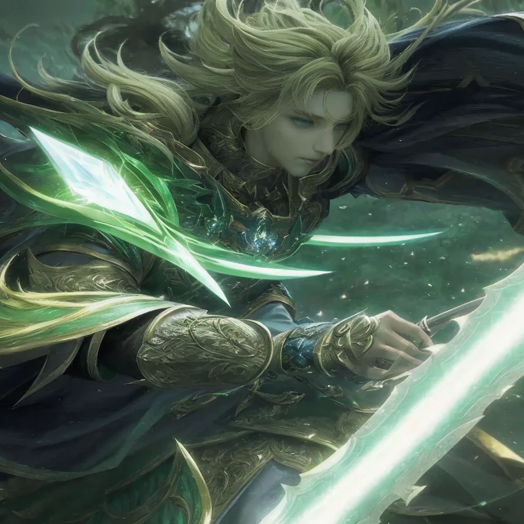 a close up of a person holding a sword in a field, a blonde emerald warrior, 2. 5 d cgi anime fantasy artwork, epic exquisite character art, epic fantasy art style hd, Detailed Digital Anime Art, shadowverse style, high quality fantasy art, detailed digital 2d fantasy art, casimir art, highly detailed fantasy art, epic fantasy digital art style