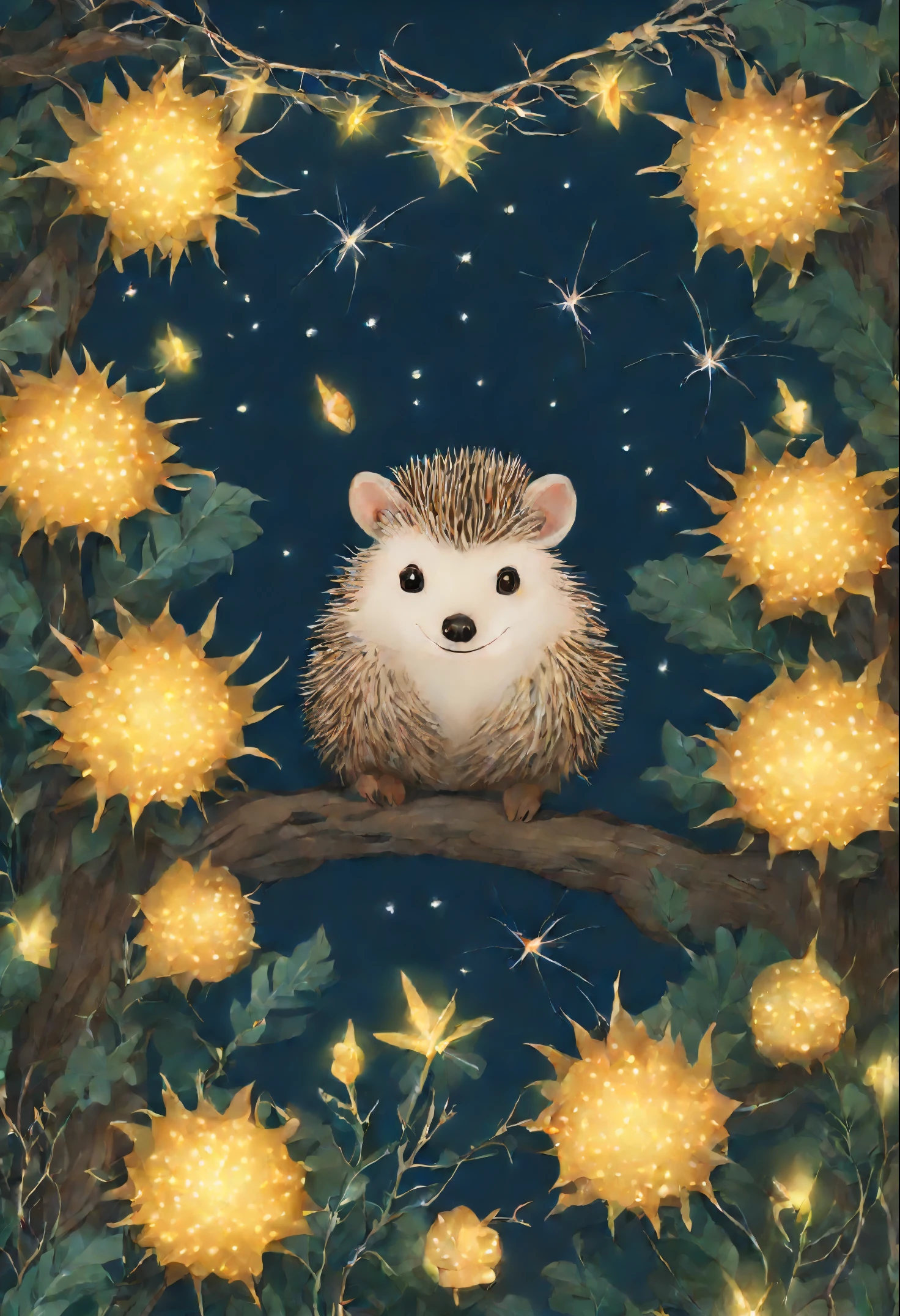 Hedgehog, garland, Fireflies,