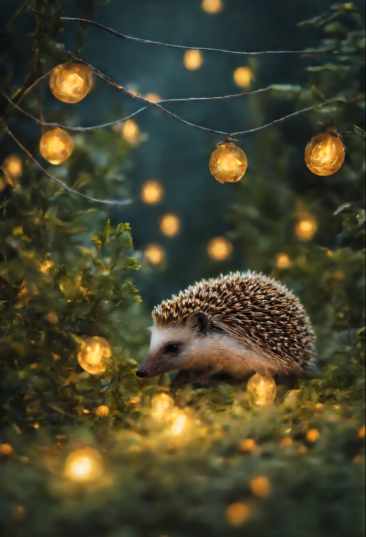 Hedgehog, garland, Fireflies,