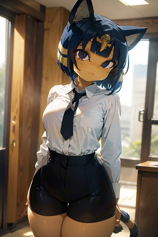 ankha, anime style, catgirl, cat ears, yellow fur, blue hair, blue cat tail, yellow stripes tail, shorts hair, wide hips, thick thighs, huge round ass, medium breast, business suit, formal suit, white shirt, long sleeve black formal suit, black necktie, black strict trouser, secretary pose, office, absurdres, high res, ultrasharp, 8K, masterpiece, looking at viewer