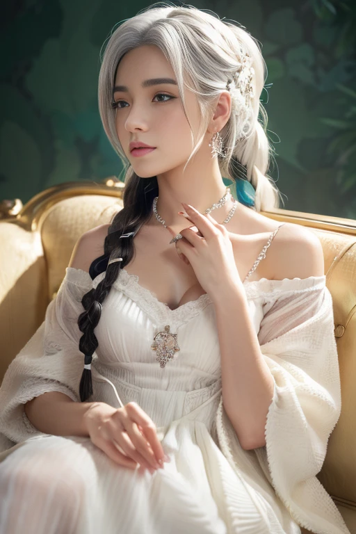 hatsuneMiku、(ultra Realistic), (An illustration), (Highres), (8K), (highlydetailed), (the best illustration), (Beautiful Detailed Eyes), (beste Quality), (Super Detailed), (Master peace、), (Wallpapers), (Detailed Face), solo、、、, 1人の女の子, Aristocratic dresses、White hair, Iris heterochromatic eyes, small moles under eye,  medium chest, Long legs、Stunning composition、Foot braids、Beautiful and detailed legs