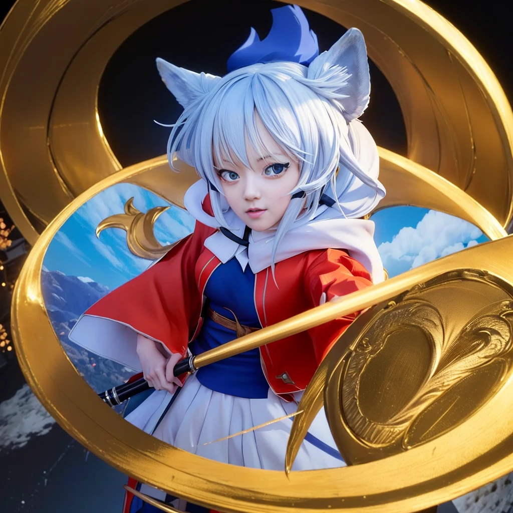 Anime - Statue of a woman in a red and blue dress holding a sword, Anime art wallpaper 8k, fox nobushi, anime art wallpaper 4k, anime art wallpaper 4k, Anime style 4 k, beautiful anime catgirl, Trending on ArtStation pixiv, anime wallpaper 4 k, anime wallpaper 4k, Anime style. 8K