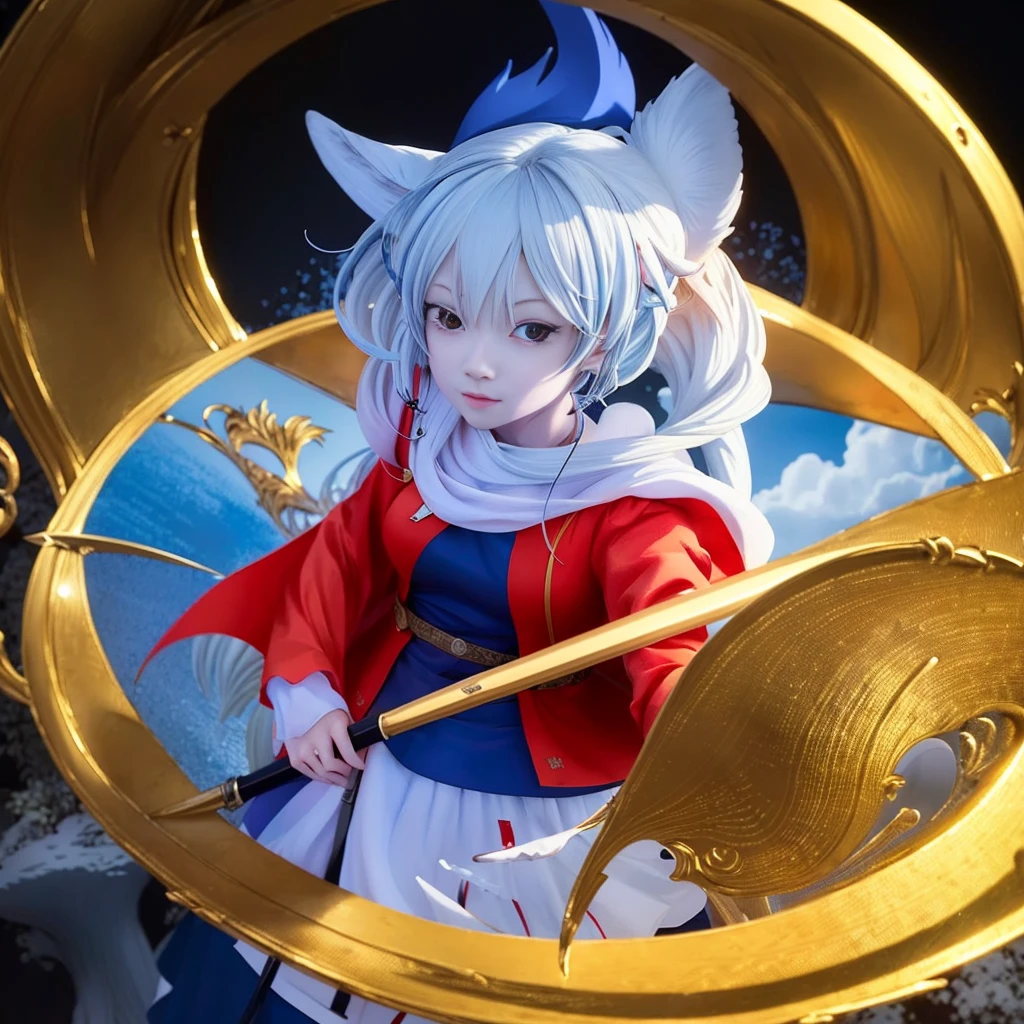 Anime - Statue of a woman in a red and blue dress holding a sword, Anime art wallpaper 8k, fox nobushi, anime art wallpaper 4k, anime art wallpaper 4k, Anime style 4 k, beautiful anime catgirl, Trending on ArtStation pixiv, anime wallpaper 4 k, anime wallpaper 4k, Anime style. 8K