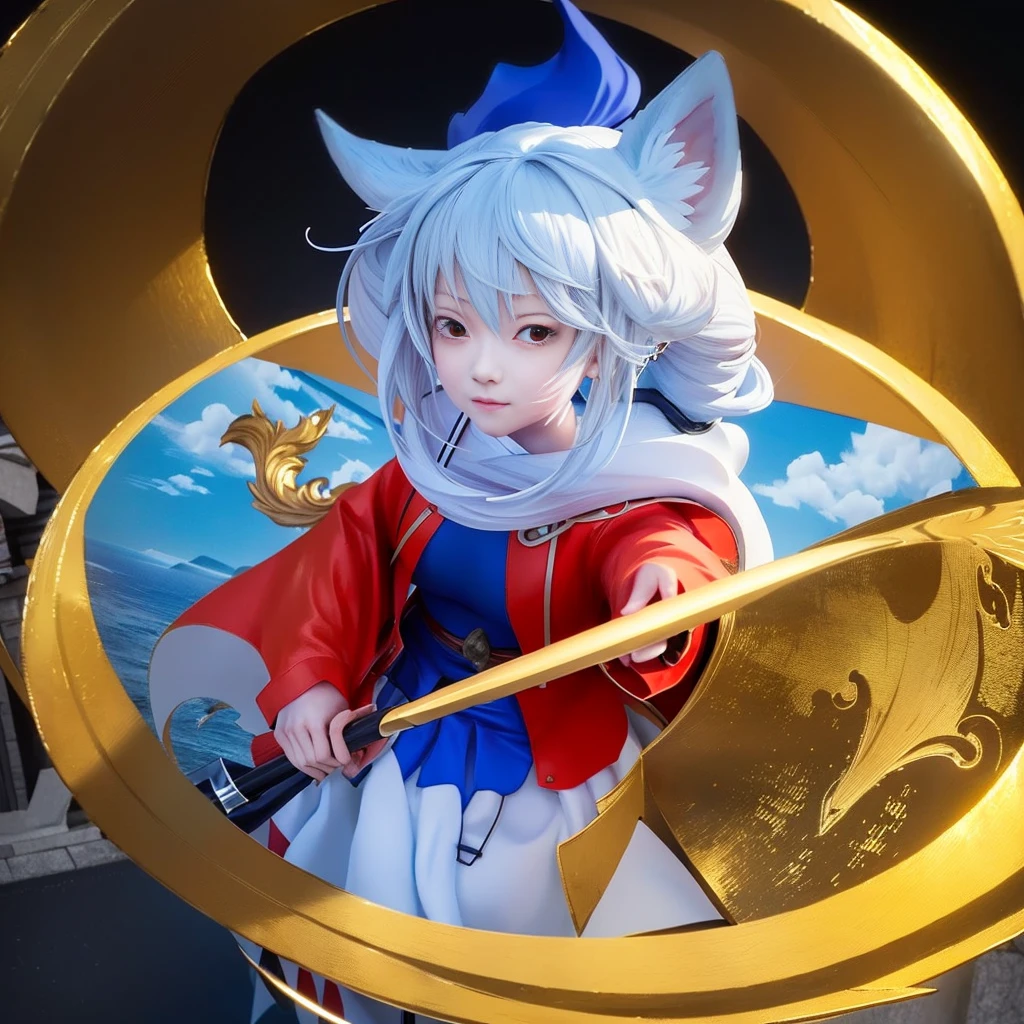 Anime - Statue of a woman in a red and blue dress holding a sword, Anime art wallpaper 8k, fox nobushi, anime art wallpaper 4k, anime art wallpaper 4k, Anime style 4 k, beautiful anime catgirl, Trending on ArtStation pixiv, anime wallpaper 4 k, anime wallpaper 4k, Anime style. 8K