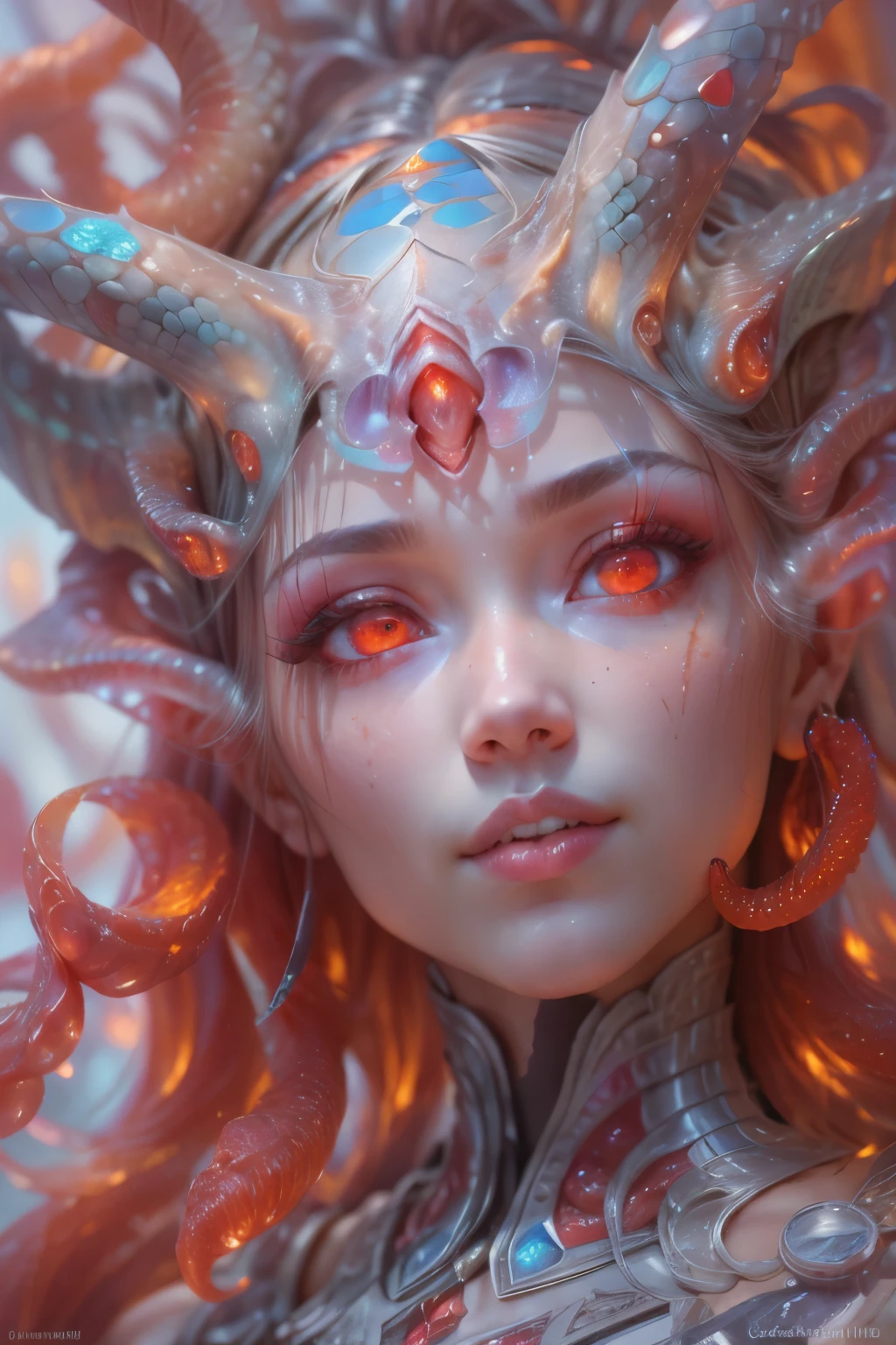 Portrait, (beautiful female alien:1.2), (There is a female genital-like organ in the middle of the forehead:1.8), (The most beautiful face in the history of the universe:1.2), (scarlet eyes:1.6), (Translucent skin:1.8), an evil gaze that seduces , (red eyes:1.5), Full body like, (sexypose:1.5), alien, No humans, cells are fused, (Lots of translucent tentacles:1.1) (Translucent skin:1.3), extraterrestrial, cell, bio image, 魅惑的, Best Quality, 8K,4K_quality, High Definition, Dramatic Lighting, masutepiece:1.5,cinematic quality, detail up, (Intricate details:1.2), High resolution, High Definition, drawing faithfully, (Thick eyebrows:1.2), Beautiful eyes with fine symmetry, (Ultra detailed eyes:1.2),(Highly detailed face and eyes:1.2), (High-resolution red-eye:1.4), Intimate face, (Super detailed skin quality feeling:1.4), Perfect Anatomy, (Beautiful toned body:1.5), (Moist skin:1.2), No makeup, (dark circles:1.1), long canines, cinematic drawing of characters, ultra high quality model, cinematic quality, detail up, (Intricate details:1.2), High resolution, High Definition, drawing faithfully, Official art, Unity 8K wall , 8K Portrait, Best Quality, Very High resolution, ultra detailed artistic photography, midnight aura, unreal enginee 5, Ultra Sharp Focus, art by alberto seveso, ArtGerm, Roisch, intricate artwork, Medusa, best quality, masutepiece, ultra High resolution, (photos realistic:1.4), Ultra-realistic realism, dream-like, nautilus, Creation of fantasy, Snail, Dream Snail, biopunk nautilus, Thrilling color schemes, Ultra-realistic realism, seductively smiling, Blue tentacles