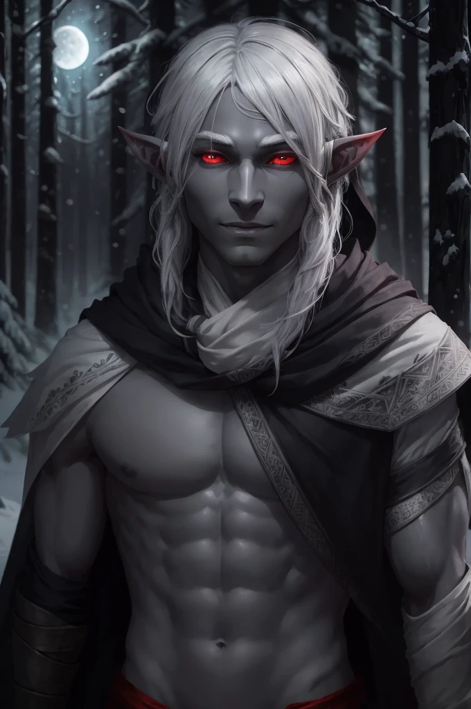 Male drow elf with gray skin and red eyes., white colored hair, winter forest background, night time, moon light, Magic Lights, minimal smile, hyper-detailing, clipart, album elements, historical takeover, Cinematic, Editorial, Highly detailed, bright colours, beautifully lit, professional photorealism, Artstation, Butter, New Year, Masterpiece, Best Quality