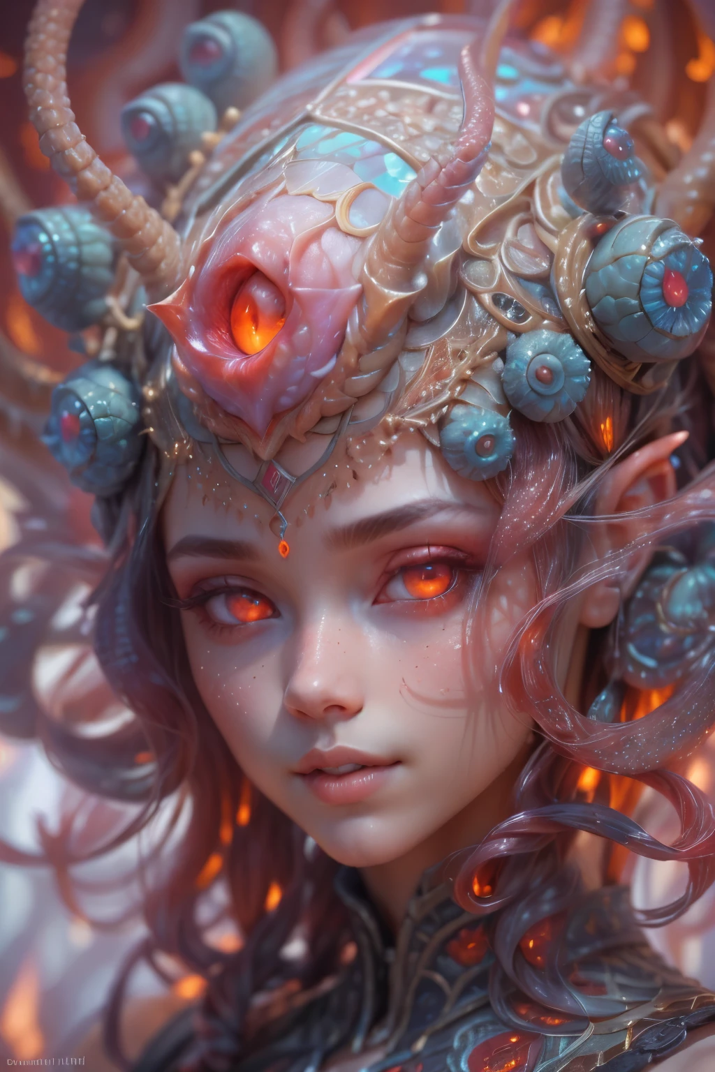 Portrait, (beautiful female alien:1.2), (There is a female genital-like organ in the middle of the forehead:1.8), (The most beautiful face in the history of the universe:1.2), (scarlet eyes:1.6), (Translucent skin:1.8), an evil gaze that seduces , (red eyes:1.5), Full body like, (sexypose:1.5), alien, No humans, cells are fused, (Lots of translucent tentacles:1.1) (Translucent skin:1.3), extraterrestrial, cell, bio image, 魅惑的, Best Quality, 8K,4K_quality, High Definition, Dramatic Lighting, masutepiece:1.5,cinematic quality, detail up, (Intricate details:1.2), High resolution, High Definition, drawing faithfully, (Thick eyebrows:1.2), Beautiful eyes with fine symmetry, (Ultra detailed eyes:1.2),(Highly detailed face and eyes:1.2), (High-resolution red-eye:1.4), Intimate face, (Super detailed skin quality feeling:1.4), Perfect Anatomy, (Beautiful toned body:1.5), (Moist skin:1.2), No makeup, (dark circles:1.1), long canines, cinematic drawing of characters, ultra high quality model, cinematic quality, detail up, (Intricate details:1.2), High resolution, High Definition, drawing faithfully, Official art, Unity 8K wall , 8K Portrait, Best Quality, Very High resolution, ultra detailed artistic photography, midnight aura, unreal enginee 5, Ultra Sharp Focus, art by alberto seveso, ArtGerm, Roisch, intricate artwork, Medusa, best quality, masutepiece, ultra High resolution, (photos realistic:1.4), Ultra-realistic realism, dream-like, nautilus, Creation of fantasy, Snail, Dream Snail, biopunk nautilus, Thrilling color schemes, Ultra-realistic realism, seductively smiling, Blue tentacles