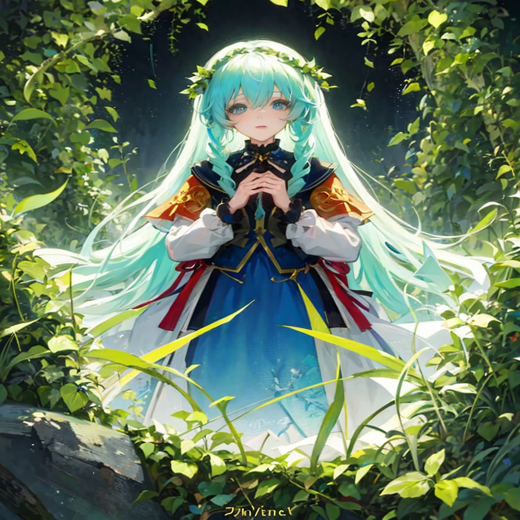 Anime girl with long blue hair and a blue dress standing in the forest, official artwork, anime fantasy illustration, anime fantasy artwork, beautiful fantasy anime, ethereal anime, cyan and green, high detailed official artwork, Anime art wallpaper 8k, anime goddess, beautiful anime art, Trending on ArtStation pixiv, beautiful anime artwork, Light Novel Cover Art
