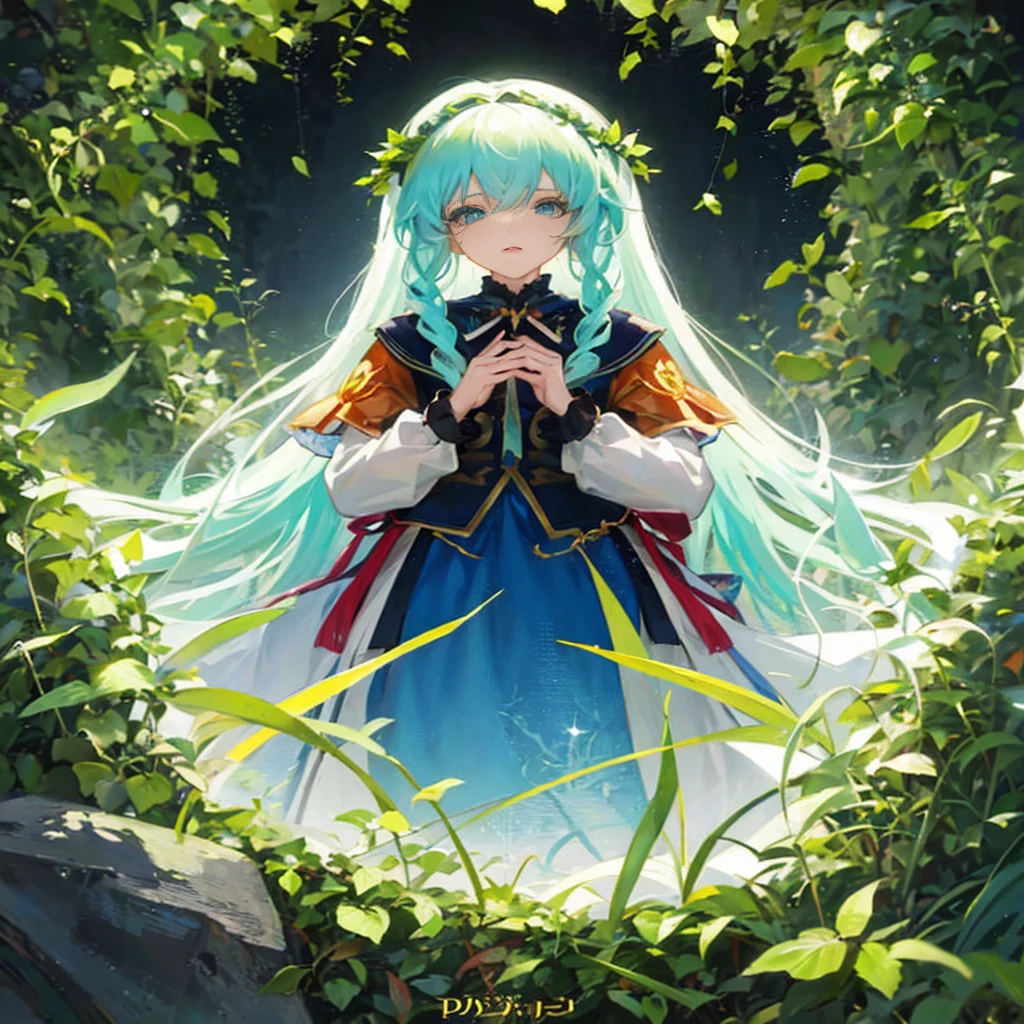 Anime girl with long blue hair and a blue dress standing in the forest, official artwork, anime fantasy illustration, anime fantasy artwork, beautiful fantasy anime, ethereal anime, cyan and green, high detailed official artwork, Anime art wallpaper 8k, anime goddess, beautiful anime art, Trending on ArtStation pixiv, beautiful anime artwork, Light Novel Cover Art