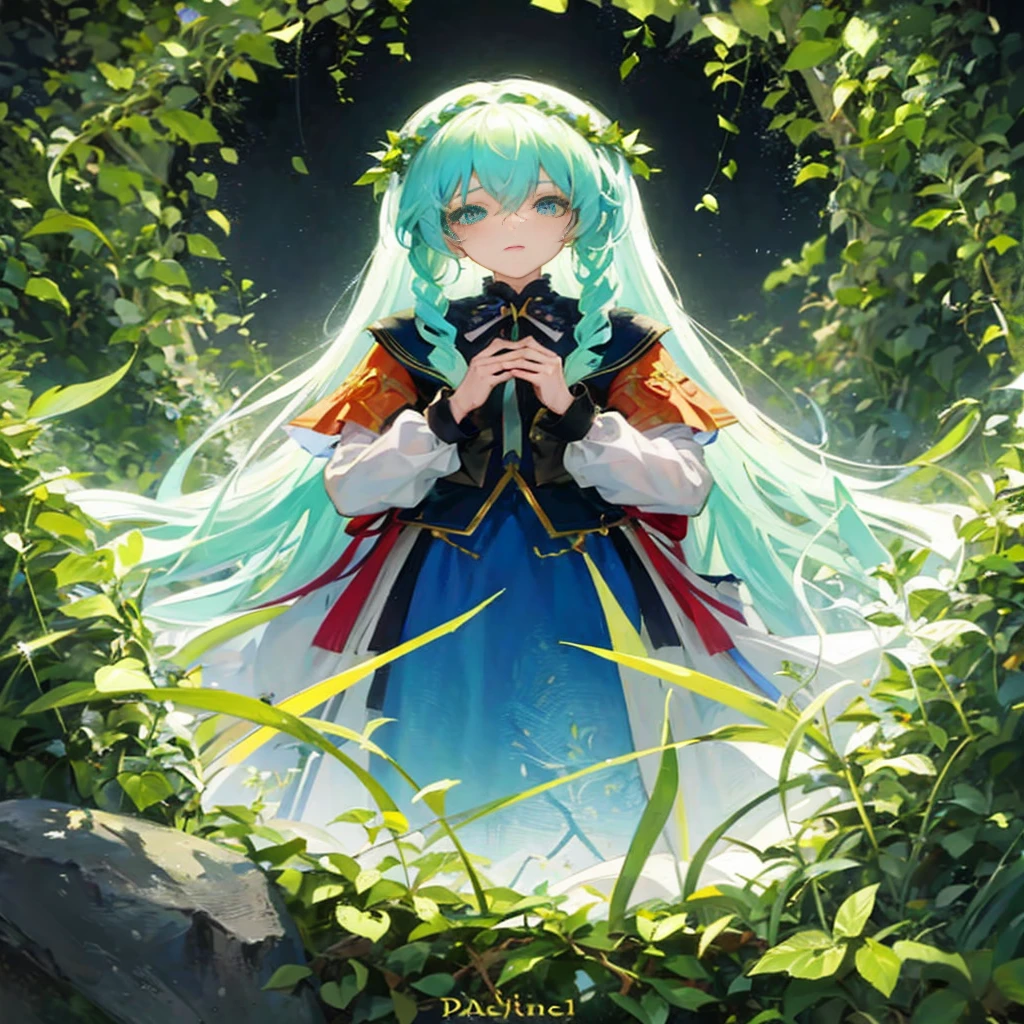 Anime girl with long blue hair and a blue dress standing in the forest, official artwork, anime fantasy illustration, anime fantasy artwork, beautiful fantasy anime, ethereal anime, cyan and green, high detailed official artwork, Anime art wallpaper 8k, anime goddess, beautiful anime art, Trending on ArtStation pixiv, beautiful anime artwork, Light Novel Cover Art