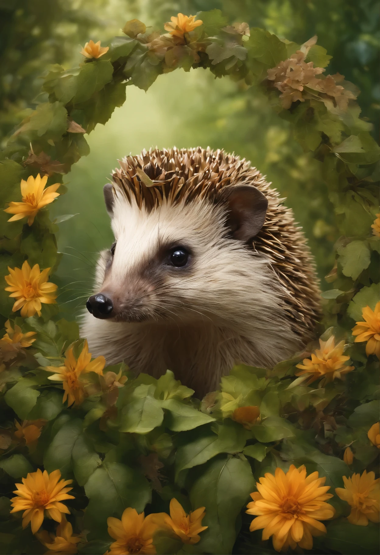 painting of a Hedgehog in a wreath of leaves and flowers, Hedgehog, Hedgehog magus, anthropomorphic Hedgehog, intellectual Hedgehog, by Maksimilijan Vanka, smart Hedgehog, Hedgehog cosmonaut portrait, Hedgehog with pipe, Martina Krupičková, Helen Edwards, Žuža Mate, Living Labyrinth, Elaine Hamilton