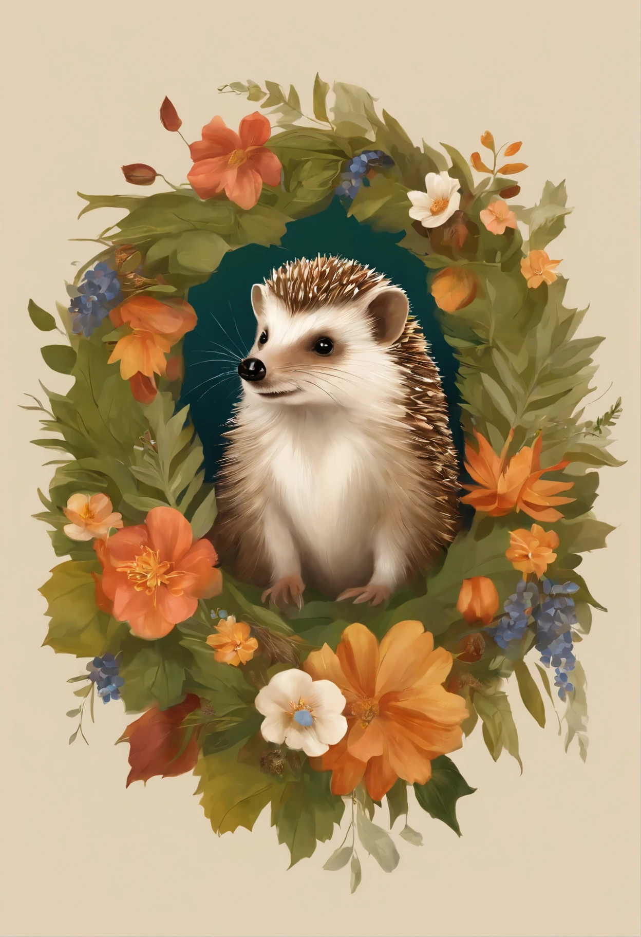 painting of a Hedgehog in a wreath of leaves and flowers, Hedgehog, Hedgehog magus, anthropomorphic Hedgehog, intellectual Hedgehog, by Maksimilijan Vanka, smart Hedgehog, Hedgehog cosmonaut portrait, Hedgehog with pipe, Martina Krupičková, Helen Edwards, Žuža Mate, Living Labyrinth, Elaine Hamilton